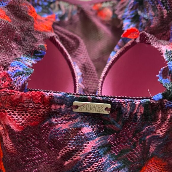 PINK Victoria's Secret Burgundy High Neck Floral Push-Up Bralette - Picture 6 of 12